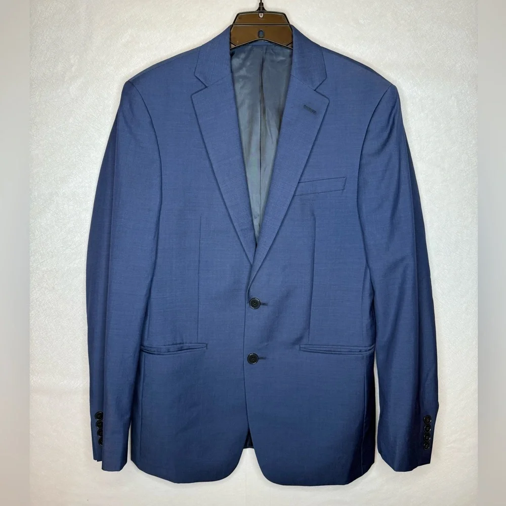 Calvin Klein Solid Blue 100% Wool Suit Suit Jacket Sport Coat 38R